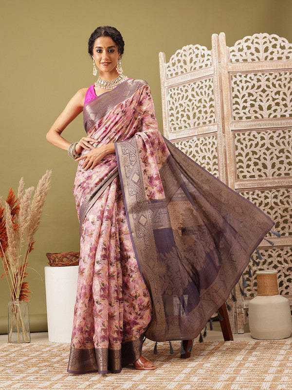 Pink Cotton Digital Print Floral Saree with Blouse Piece