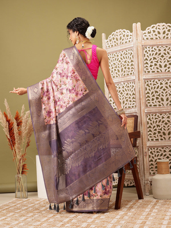 Pink Cotton Digital Print Floral Saree with Blouse Piece