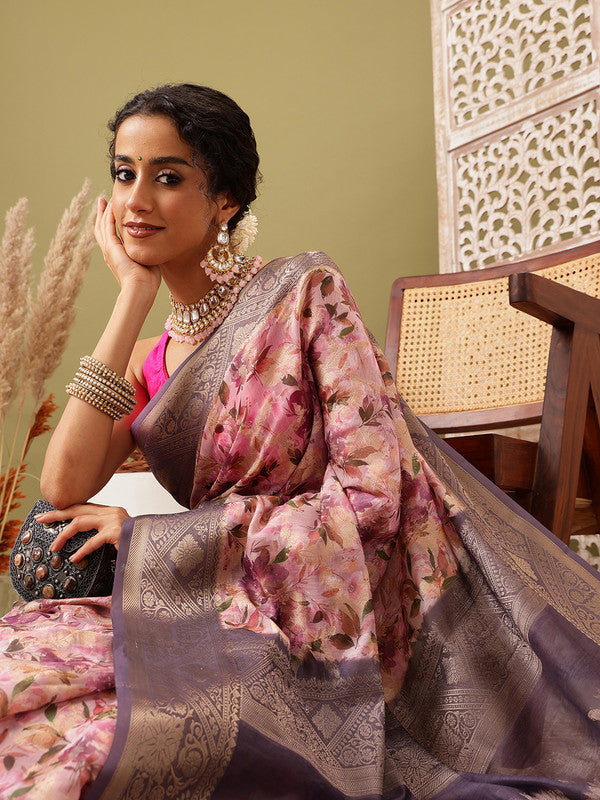 Pink Cotton Digital Print Floral Saree with Blouse Piece