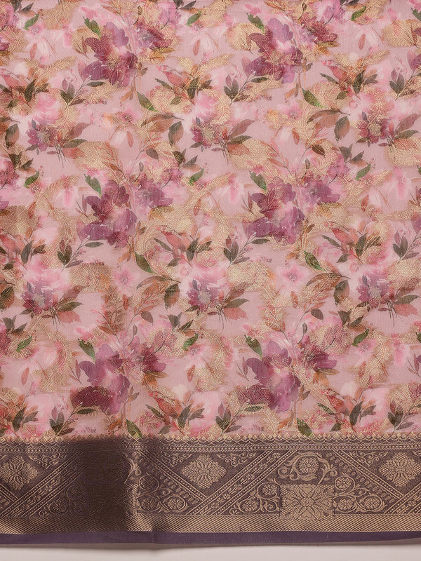 Pink Cotton Digital Print Floral Saree with Blouse Piece
