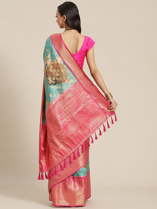Turquoise Art Silk Printed Polka Dots Saree with Blouse Piece