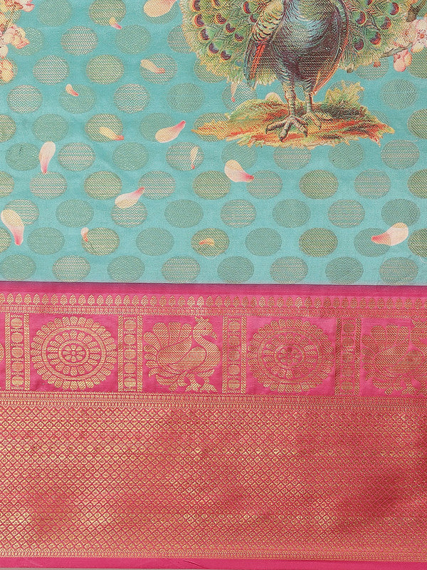 Turquoise Art Silk Printed Polka Dots Saree with Blouse Piece