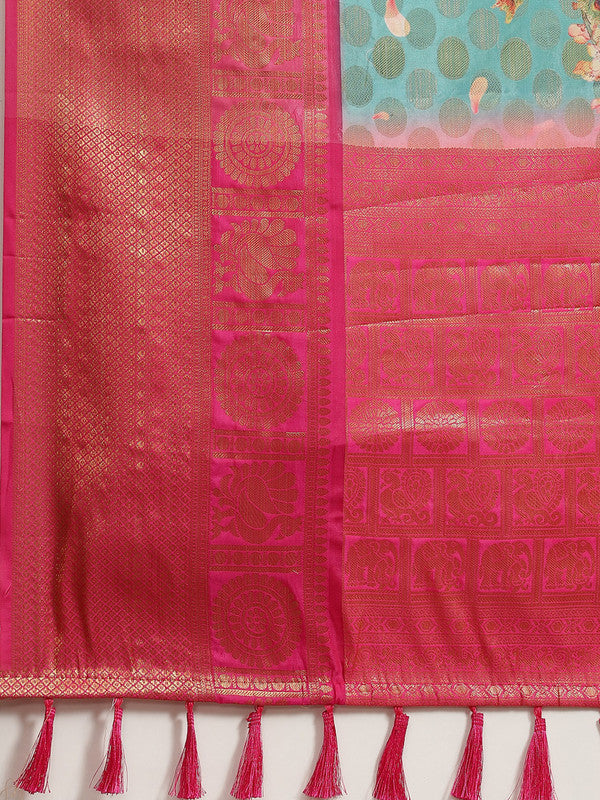 Turquoise Art Silk Printed Polka Dots Saree with Blouse Piece