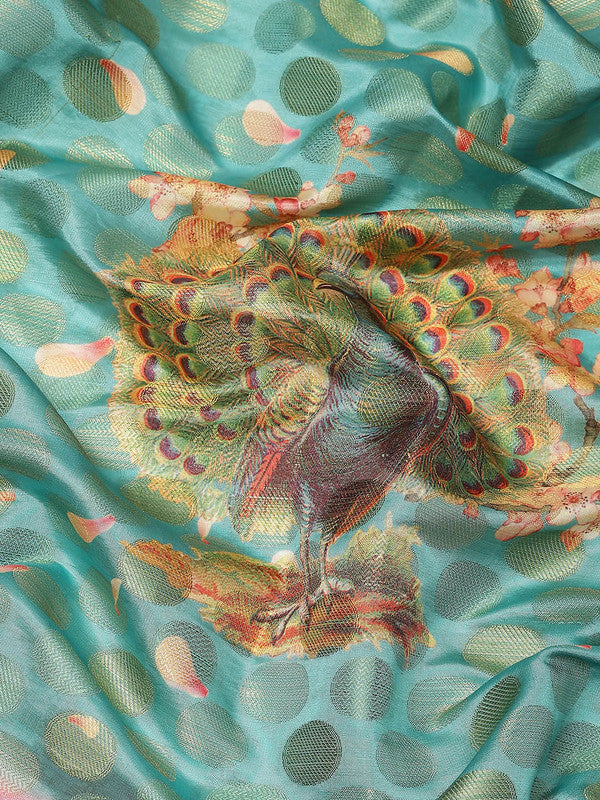 Turquoise Art Silk Printed Polka Dots Saree with Blouse Piece