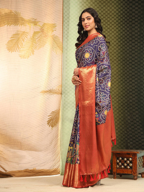 Blue silk blend saree with digital Bandhani print pattern and unstitched blouse