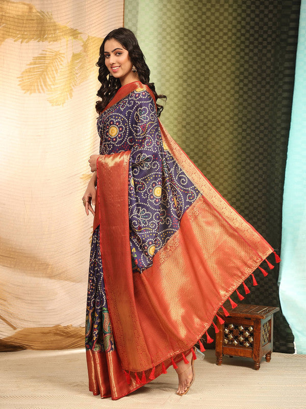 Blue Silk Blend Bandhani Print Saree with Digital Finish