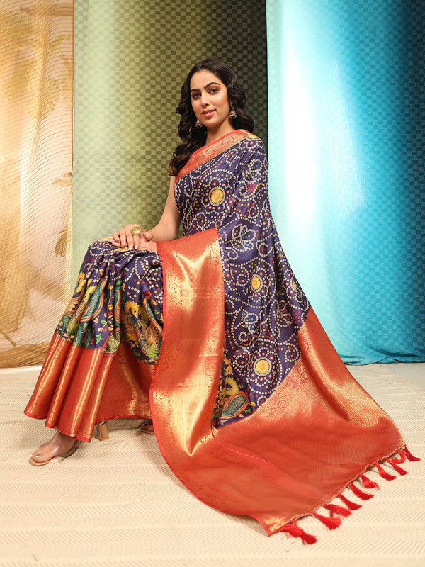 Blue Silk Blend Bandhani Print Saree with Digital Finish