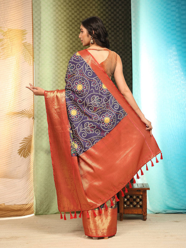 Blue Silk Blend Bandhani Print Saree with Digital Finish