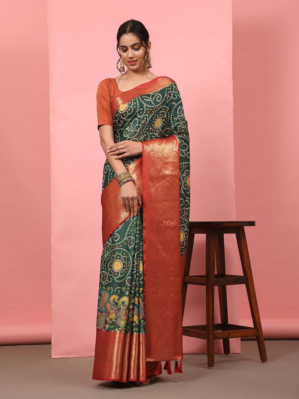 Vibrant green silk blend saree featuring a detailed Bandhani digital print