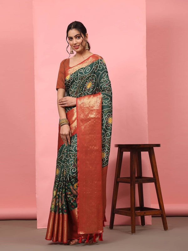Green Silk Blend Digital Print Bandhani Saree with Unstitched Blouse
