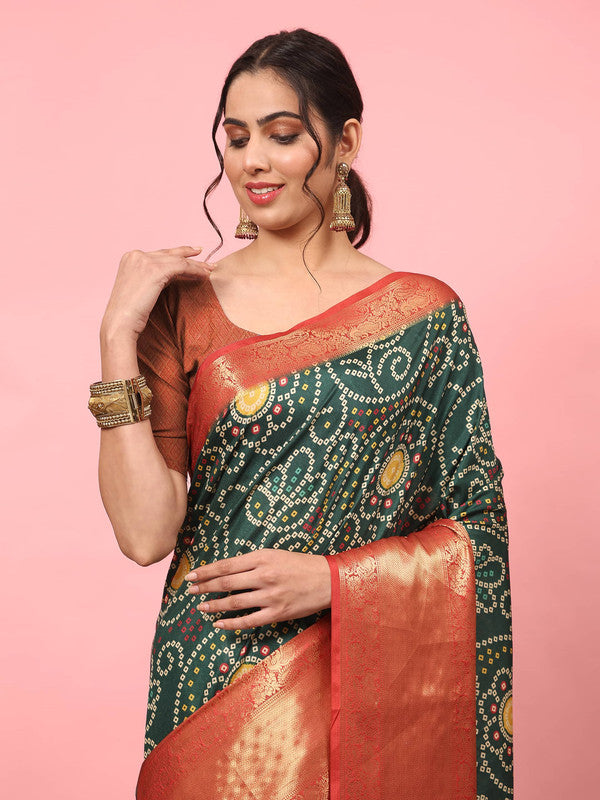 Green Silk Blend Digital Print Bandhani Saree with Unstitched Blouse