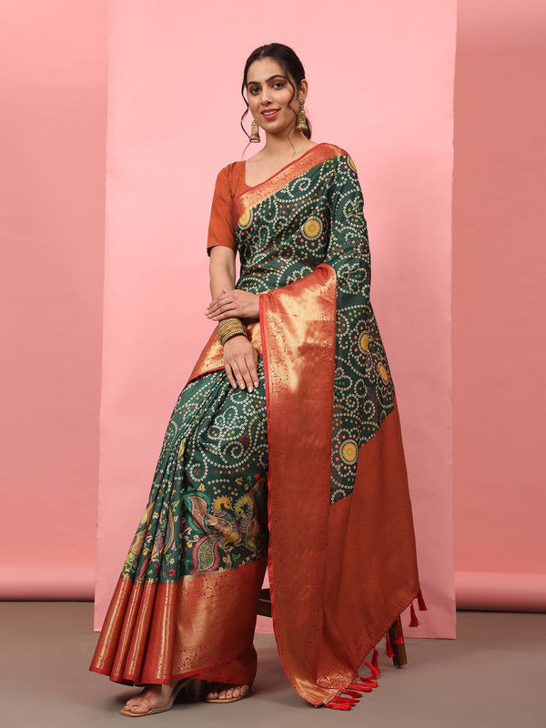 Green Silk Blend Digital Print Bandhani Saree with Unstitched Blouse