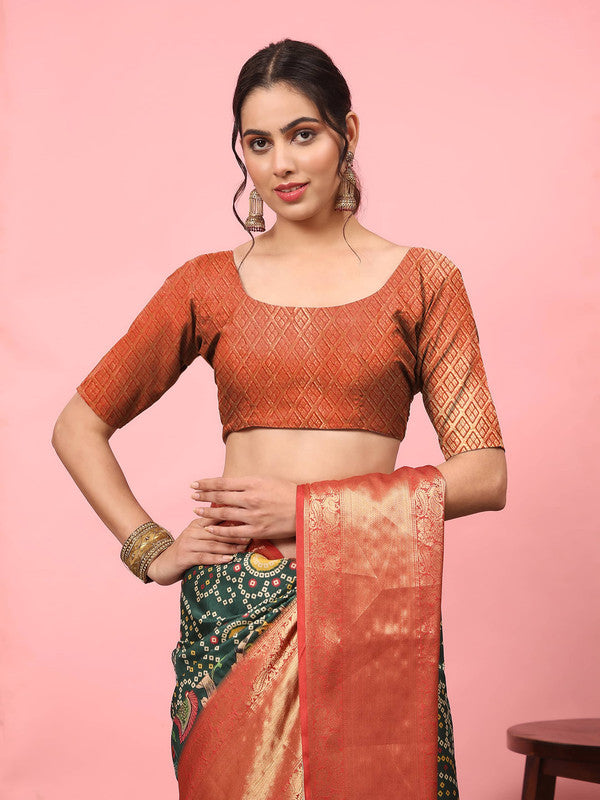 Green Silk Blend Digital Print Bandhani Saree with Unstitched Blouse