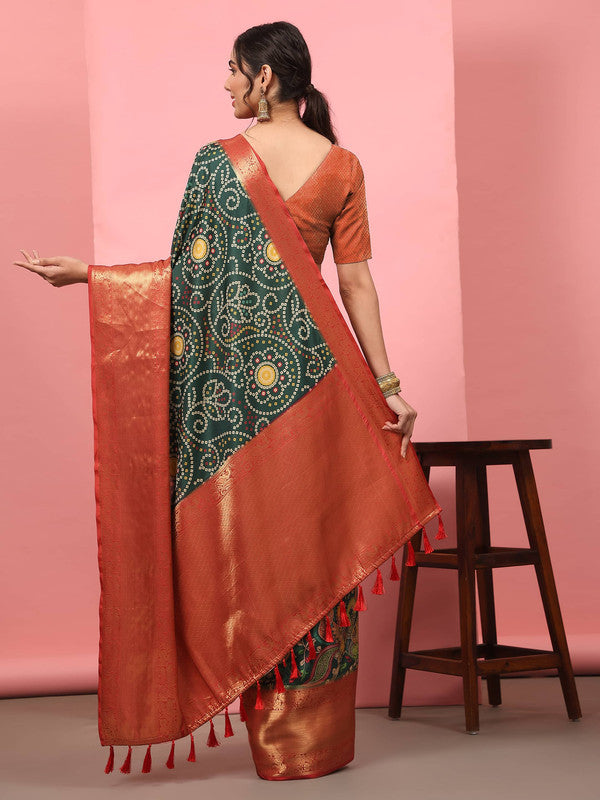 Green Silk Blend Digital Print Bandhani Saree with Unstitched Blouse