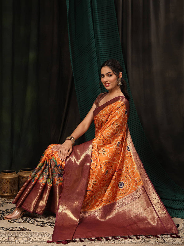 Orange Silk Blend Digital Print Bandhani Saree with Unstitched Blouse