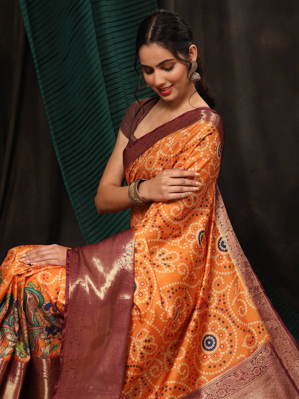 Orange Silk Blend Digital Print Bandhani Saree with Unstitched Blouse