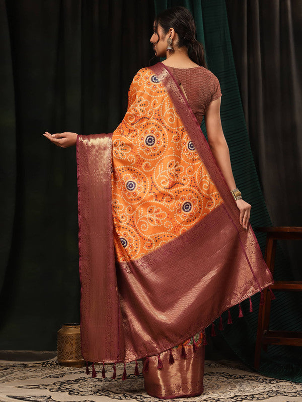 Orange Silk Blend Digital Print Bandhani Saree with Unstitched Blouse