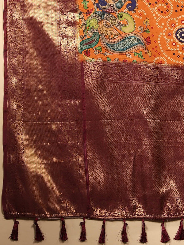Orange Silk Blend Digital Print Bandhani Saree with Unstitched Blouse