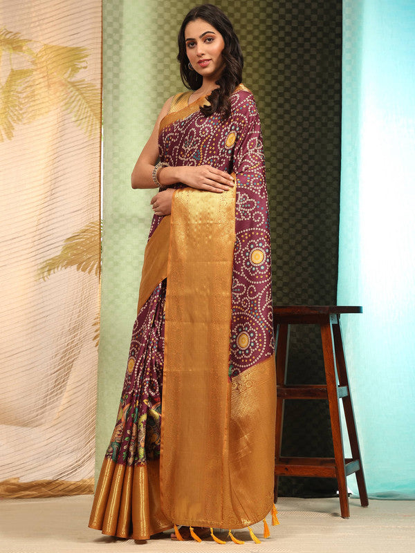 Royal purple silk blend saree featuring a detailed digital Bandhani print