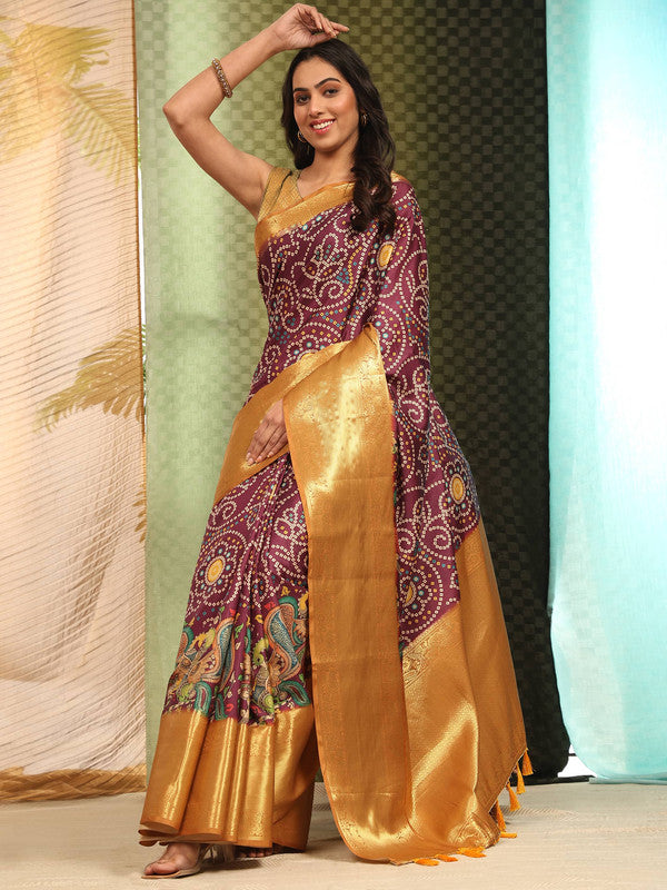 Purple Silk Blend Digital Print Bandhani Saree with Unstitched Blouse