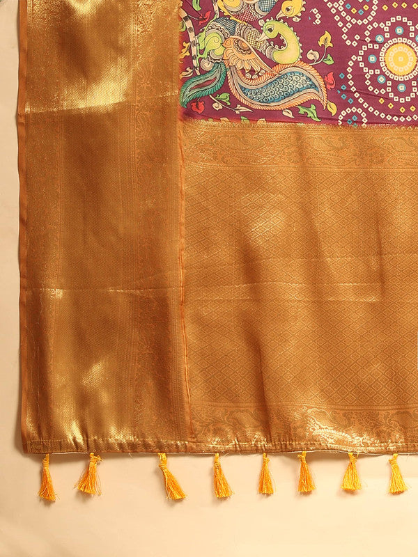 Purple Silk Blend Digital Print Bandhani Saree with Unstitched Blouse