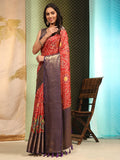 Red silk blend Bandhani saree with digital print and unstitched blouse