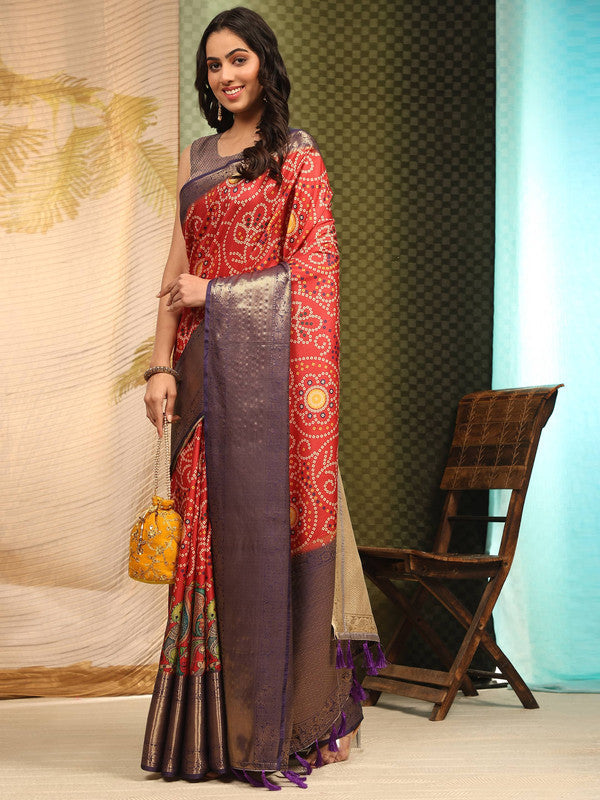 Red Silk Blend Bandhani Saree with Digital Print