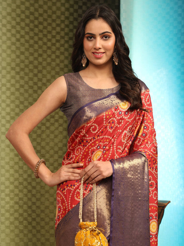 Red Silk Blend Bandhani Saree with Digital Print