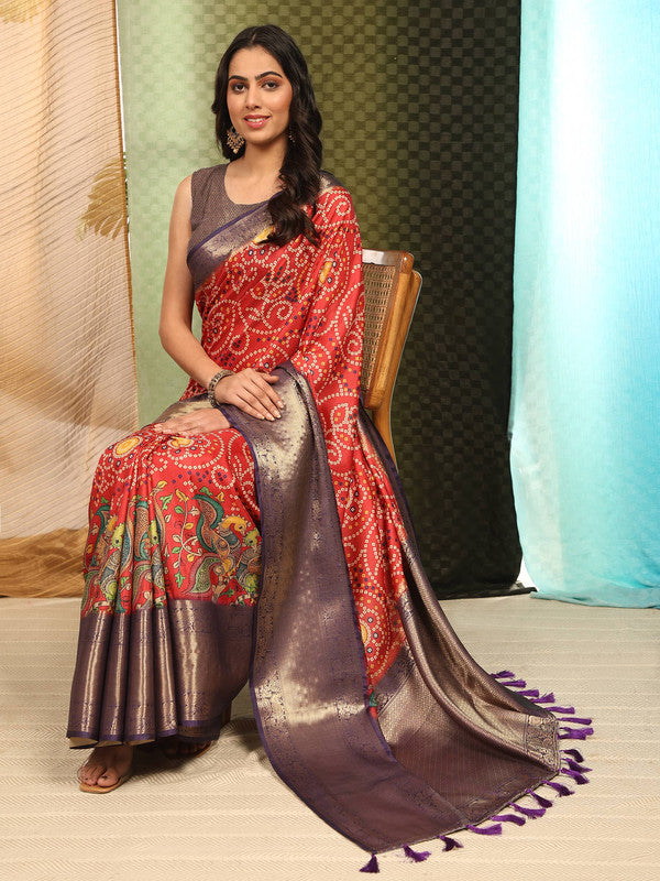 Red Silk Blend Bandhani Saree with Digital Print