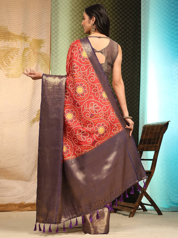 Red Silk Blend Bandhani Saree with Digital Print