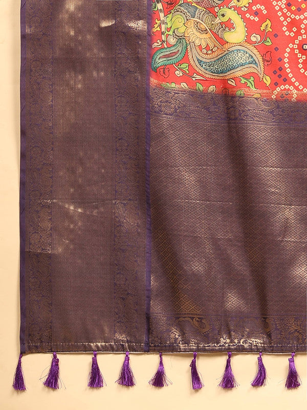 Red Silk Blend Bandhani Saree with Digital Print
