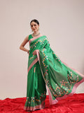 Green Banarasi art silk saree with contemporary abstract digital prints