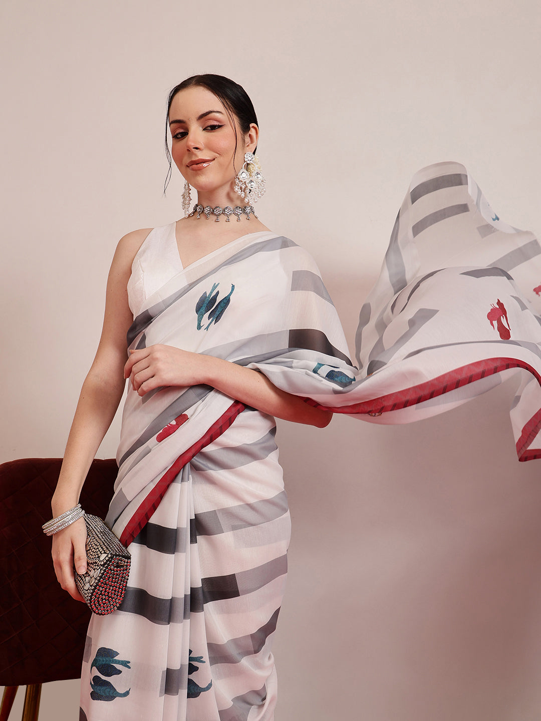 White Mul Cotton Saree with Modern Animal Print