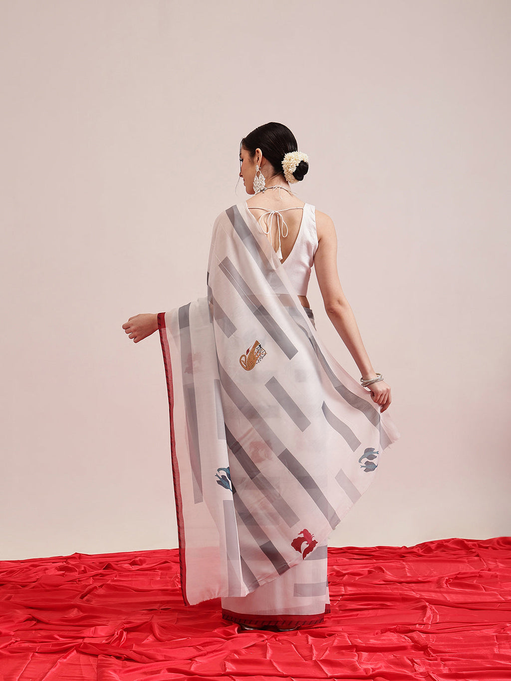 White Mul Cotton Saree with Modern Animal Print