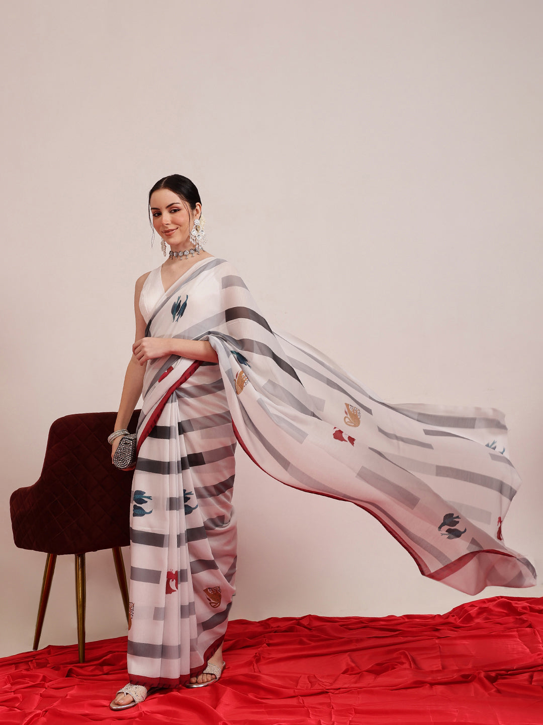 White Mul Cotton Saree with Modern Animal Print