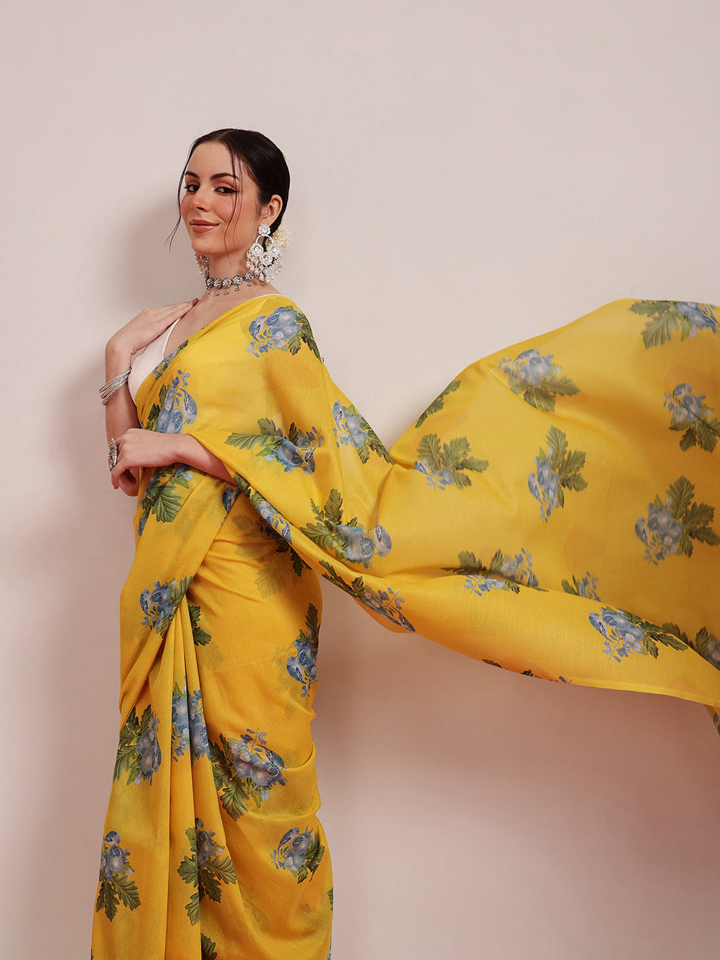 Yellow Mul Cotton Abstract Digital Printed Bollywood Saree