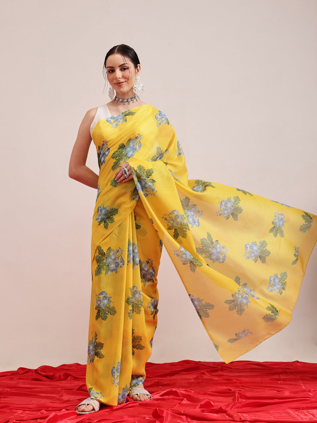 Yellow mul cotton saree featuring a modern abstract digital print