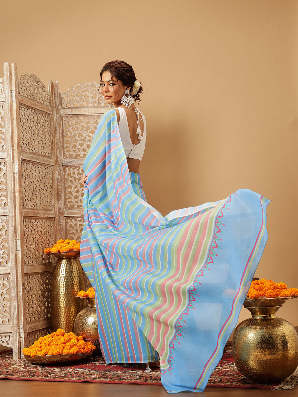 Blue Bollywood Mul Cotton Lahariya Print Saree