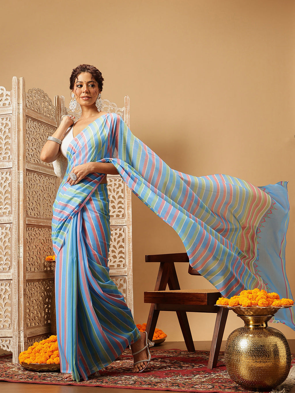 Blue Bollywood Mul Cotton Lahariya Print Saree