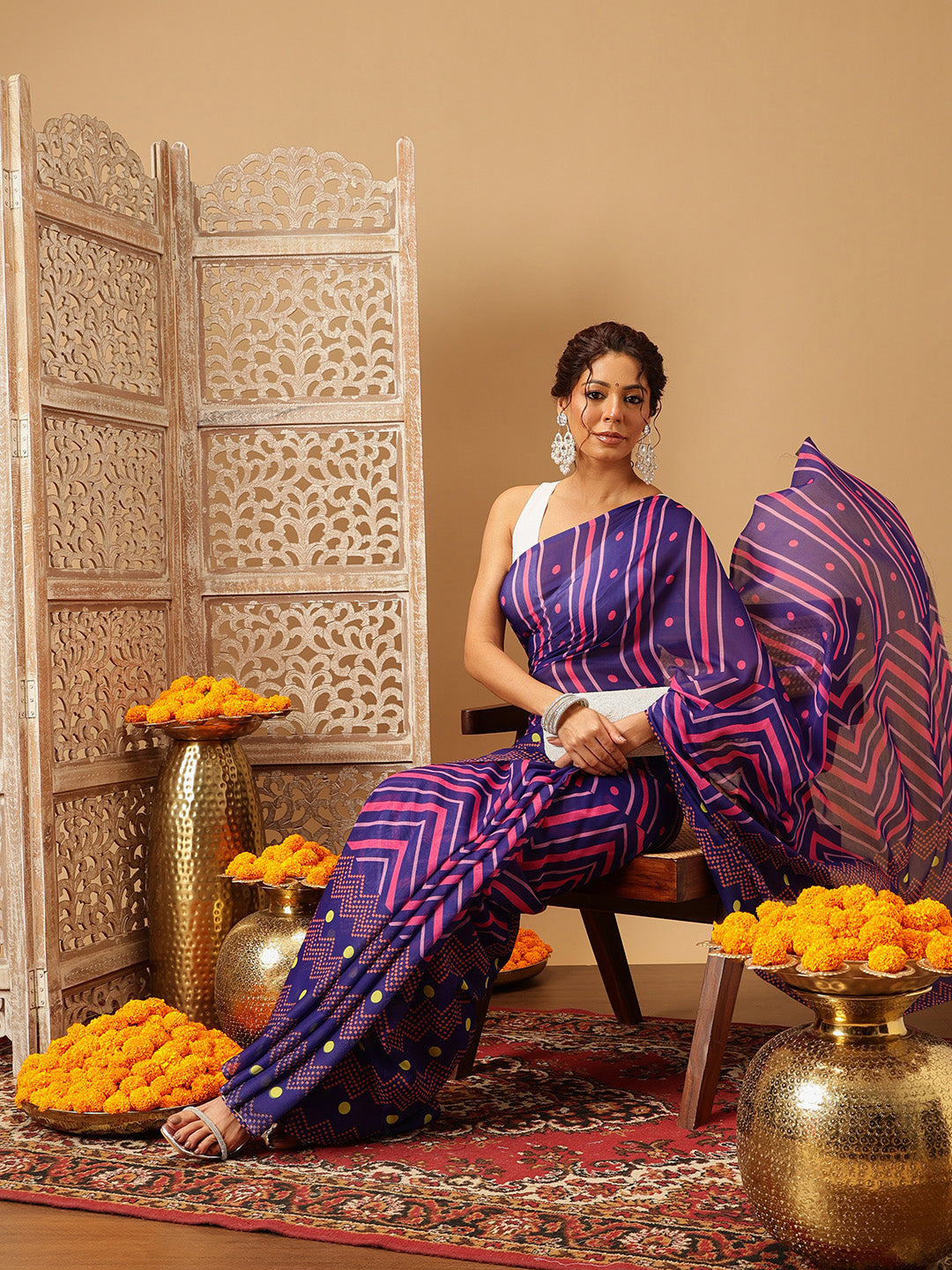 Navy blue Bollywood style Mul Cotton saree with artistic abstract digital print