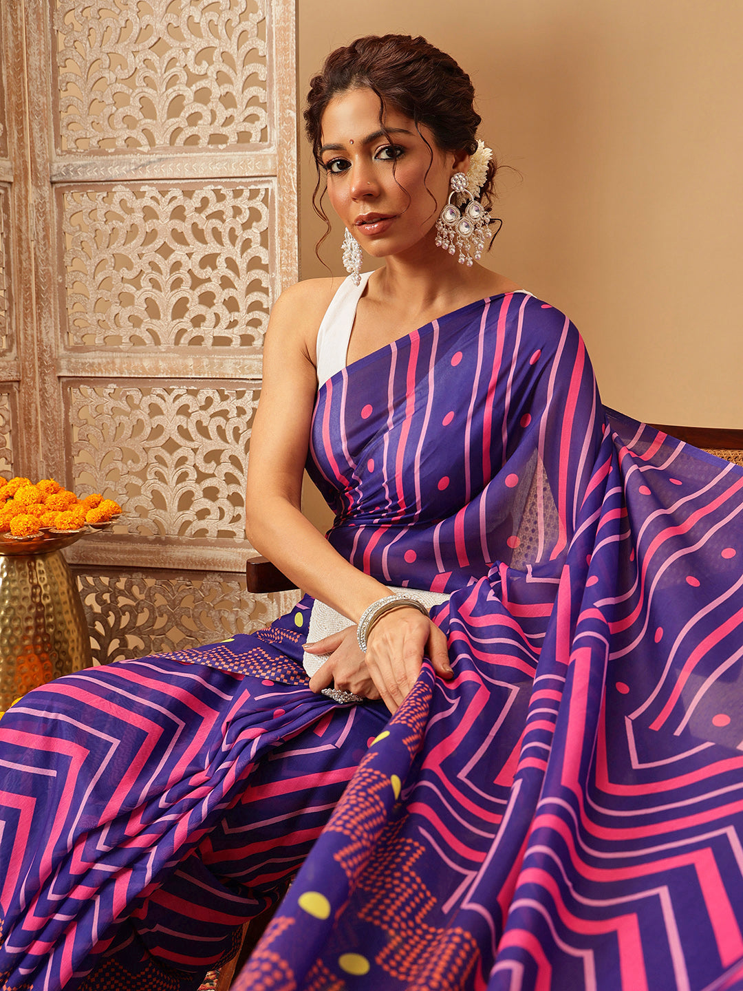 Navy Blue Bollywood Mul Cotton Saree with Abstract Print