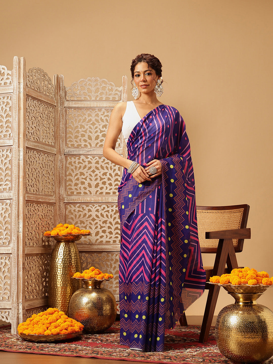 Navy Blue Bollywood Mul Cotton Saree with Abstract Print