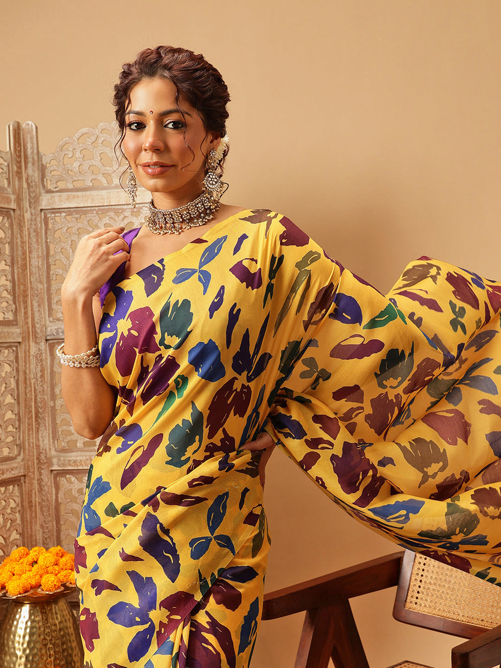 Yellow Bollywood Mul Cotton Saree with Floral Digital Print