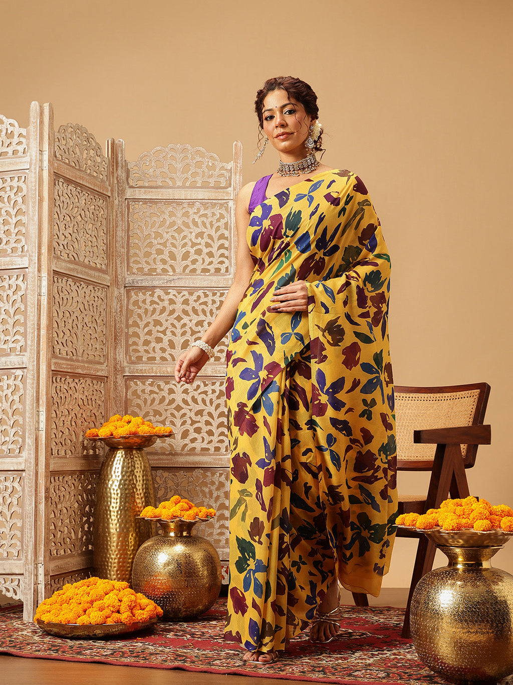 Yellow Mul Cotton Bollywood style floral digital print saree
