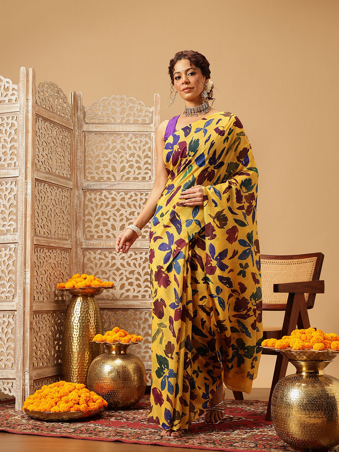 Yellow Mul Cotton Bollywood style floral digital print saree