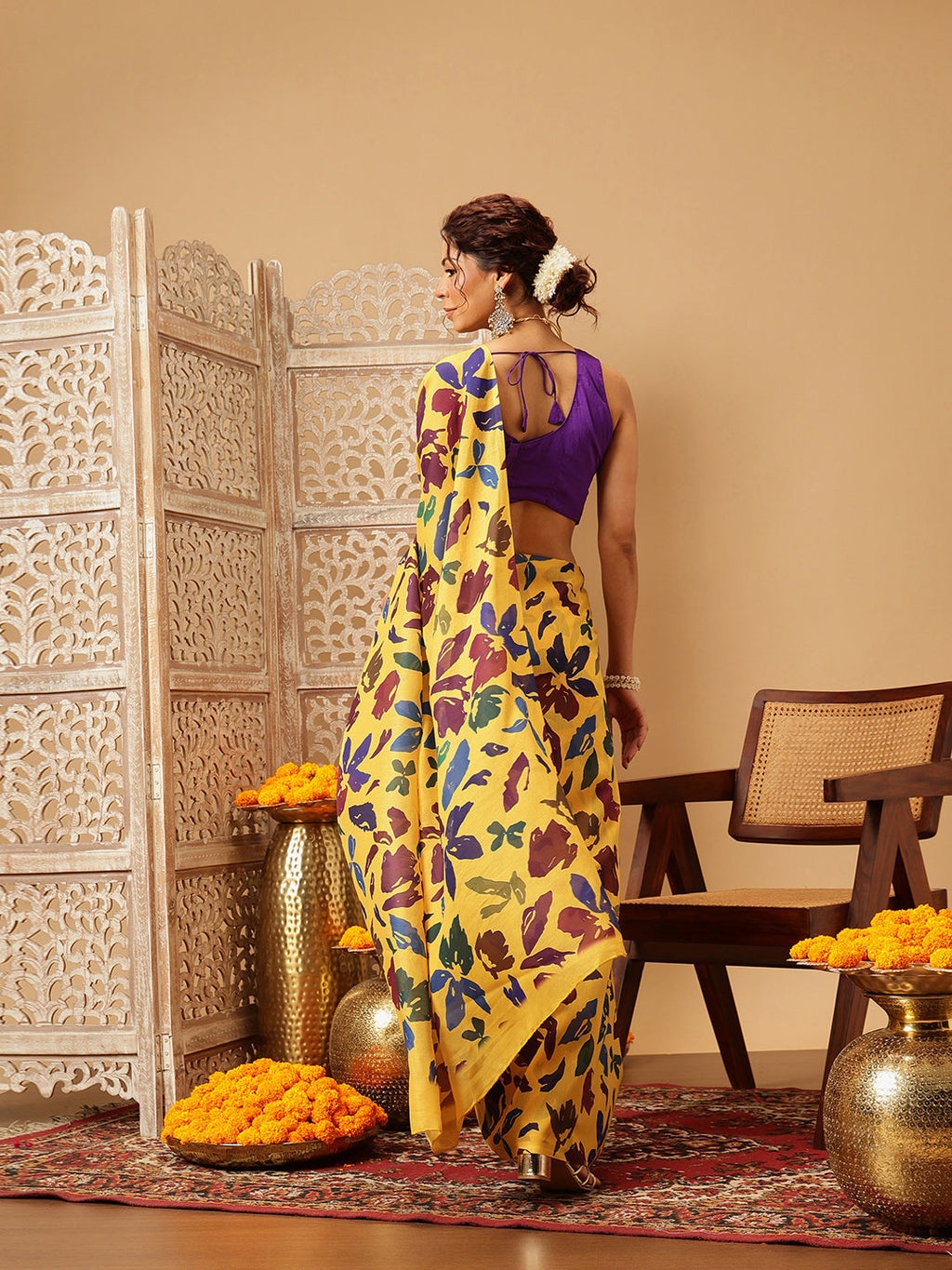 Yellow Bollywood Mul Cotton Saree with Floral Digital Print
