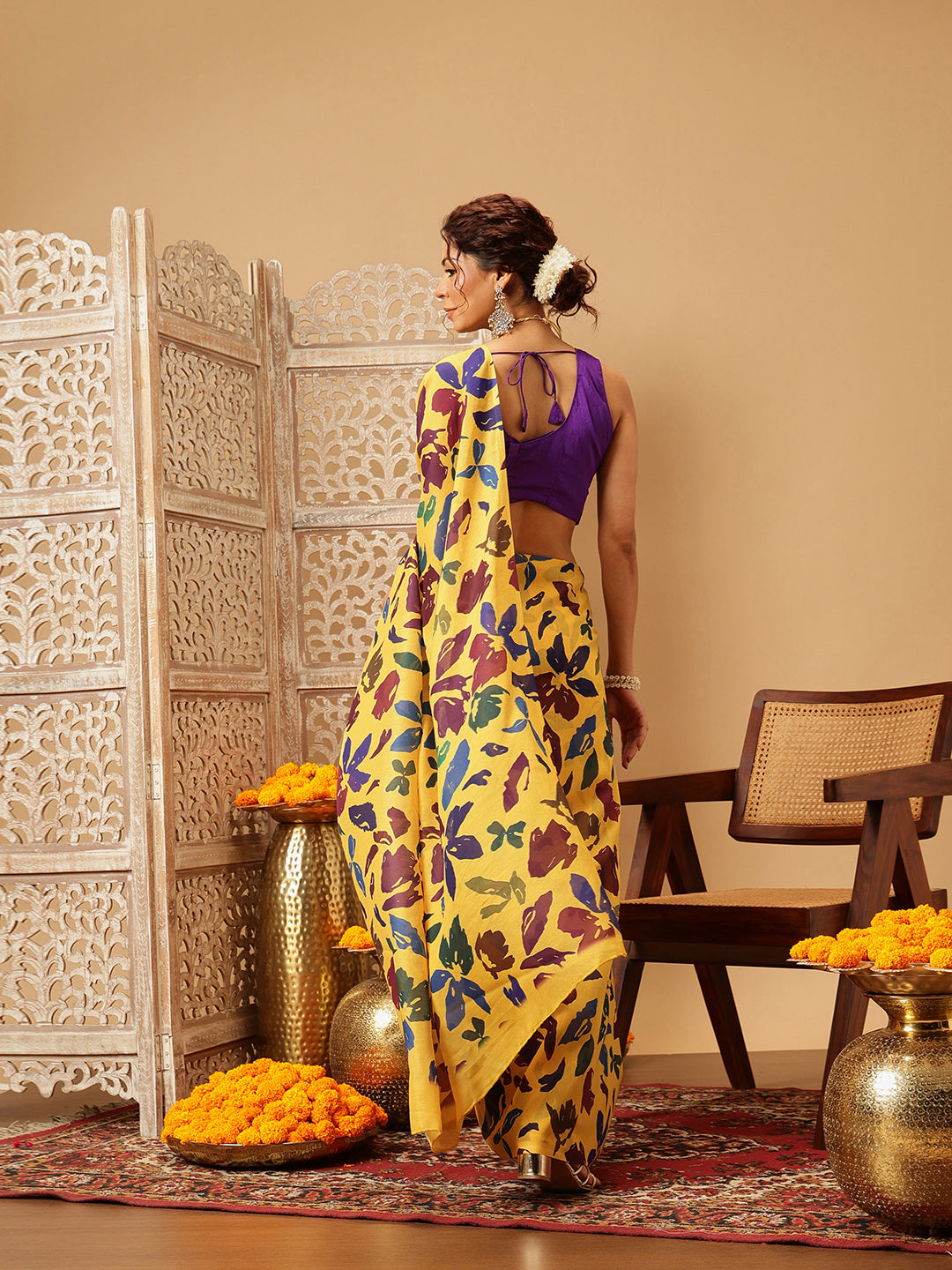 Yellow Bollywood Mul Cotton Saree with Floral Digital Print