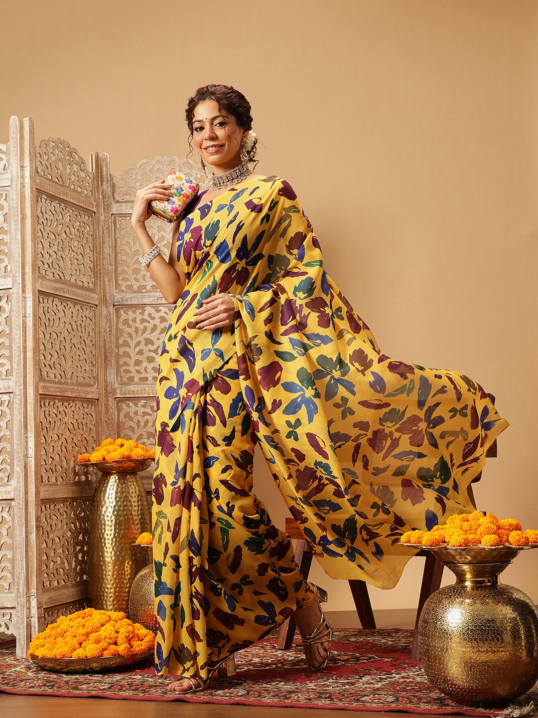 Yellow Bollywood Mul Cotton Saree with Floral Digital Print