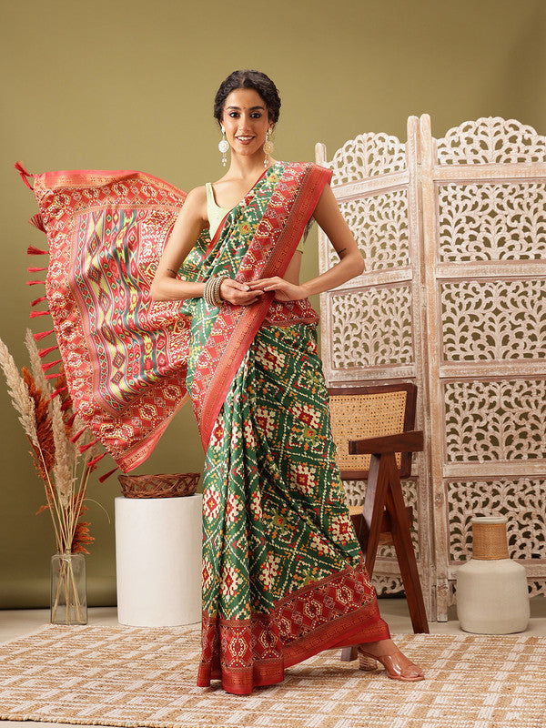 Green Silk Blend Digital Print Ikkat Saree with Blouse Piece