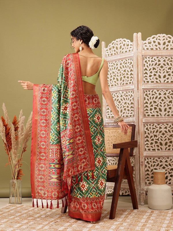 Green Silk Blend Digital Print Ikkat Saree with Blouse Piece